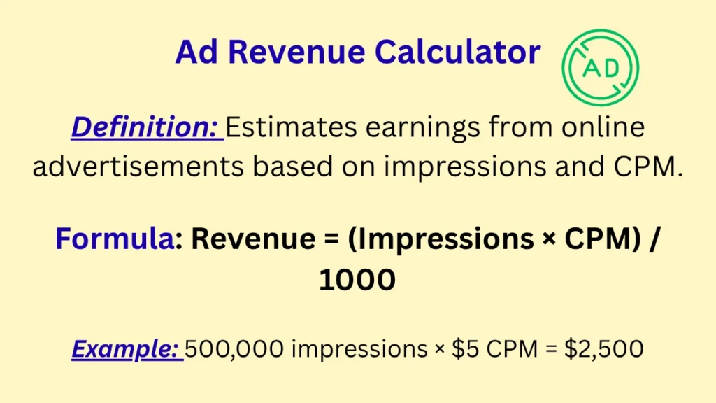 Ad Revenue Calculator with definitions, formulas, and example