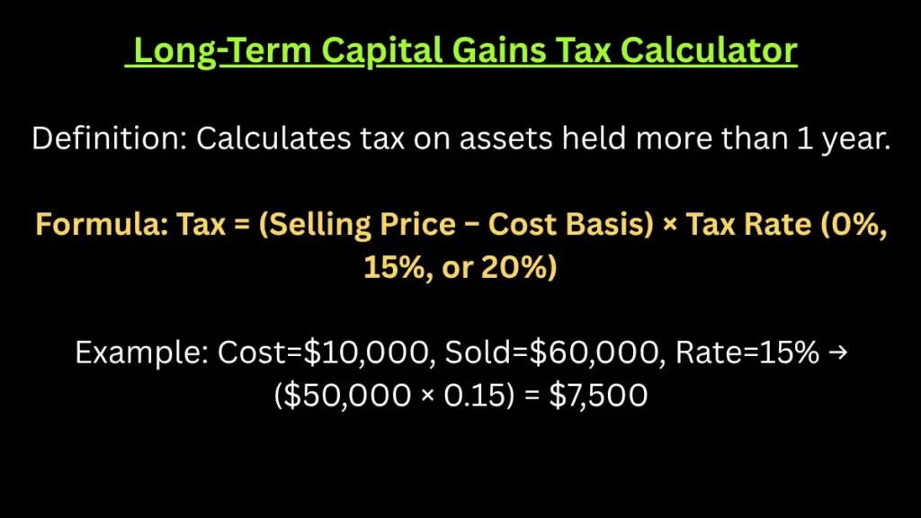 Long-Term Capital Gains Tax Calculator with definitions, formulas, and example