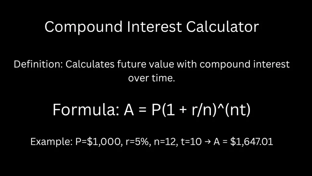 Compound Interest Calculator with definitions, formulas, and example