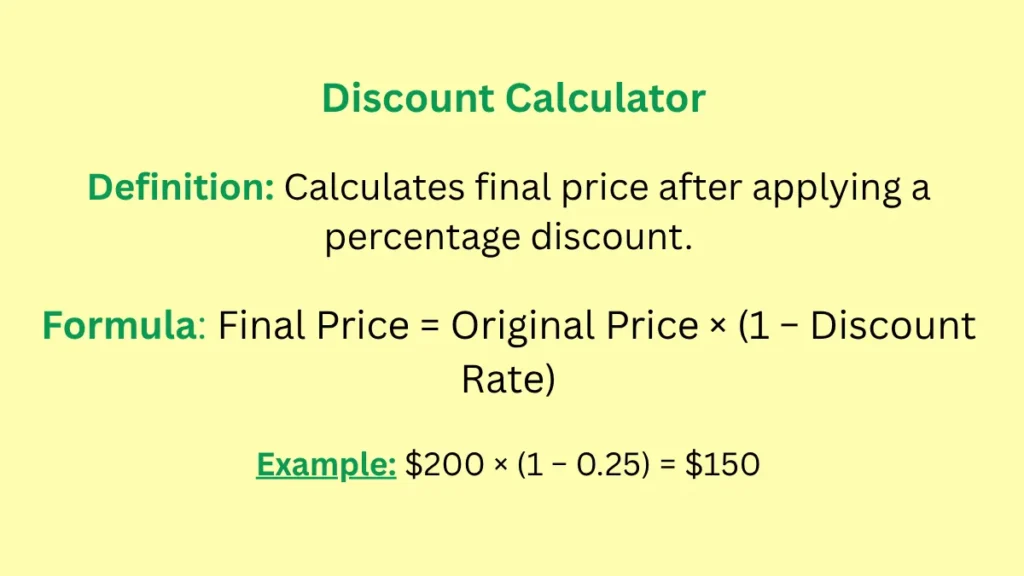 Discount Calculator with definitions, formulas, and example