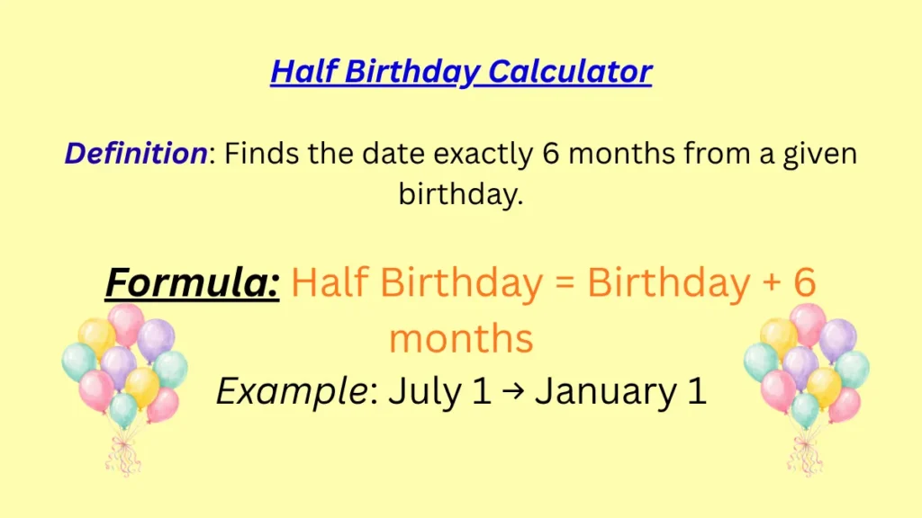 Half Birthday Calculator with definitions, formulas, and example